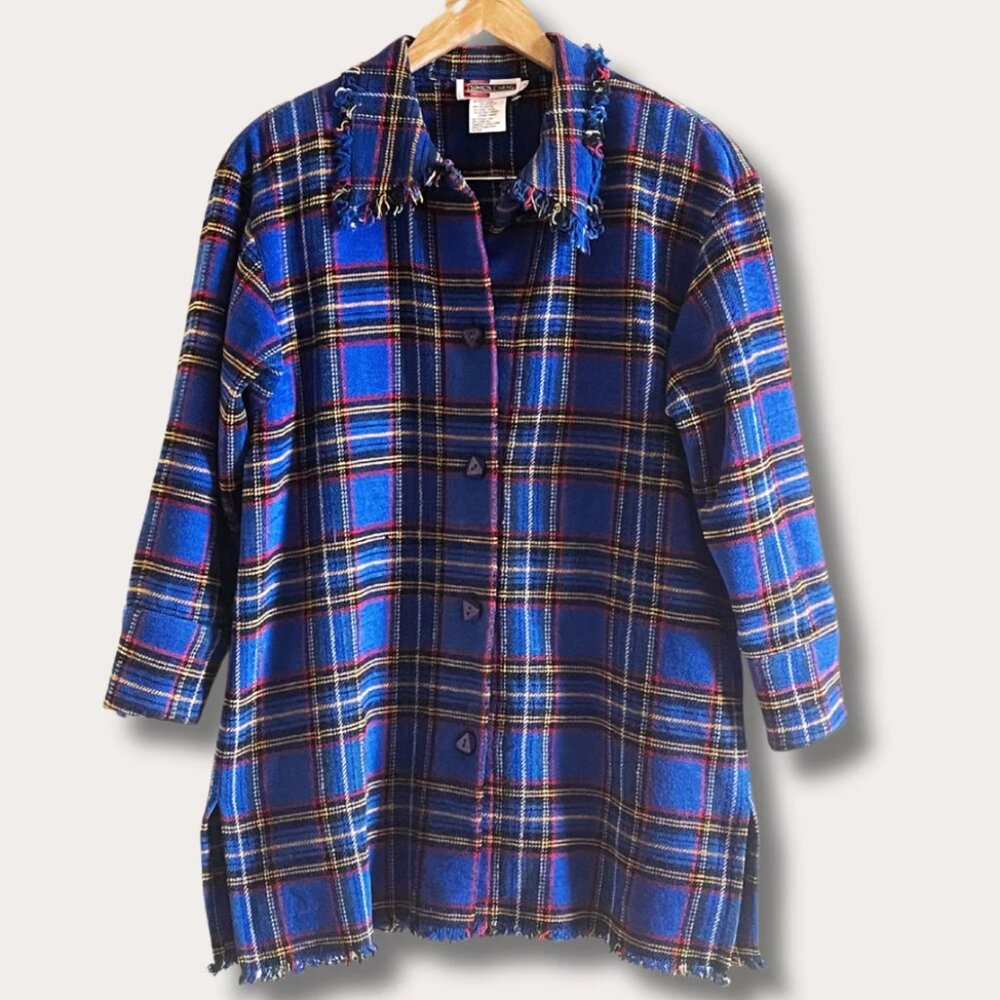 Vintage Cobalt Blue Plaid Textured Frayed | Fringe Indie Grunge Shacket